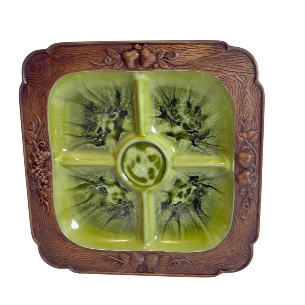 Vtg Treasure Craft Early American‎ Divided Relish Tray Wood  Look Avocado Green